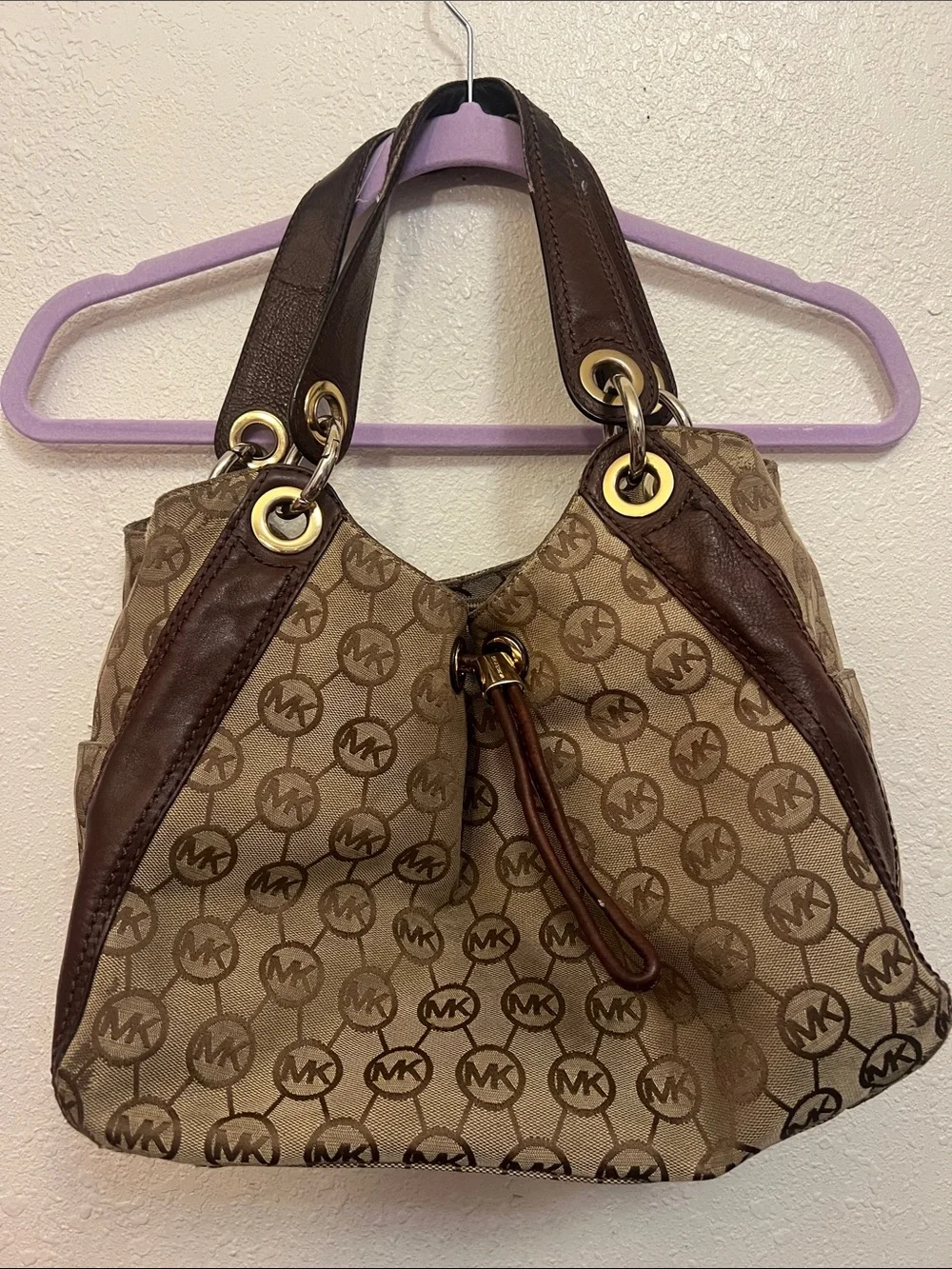 Michael Kors Beige and Brown Signature Drawstring Shoulder Bag